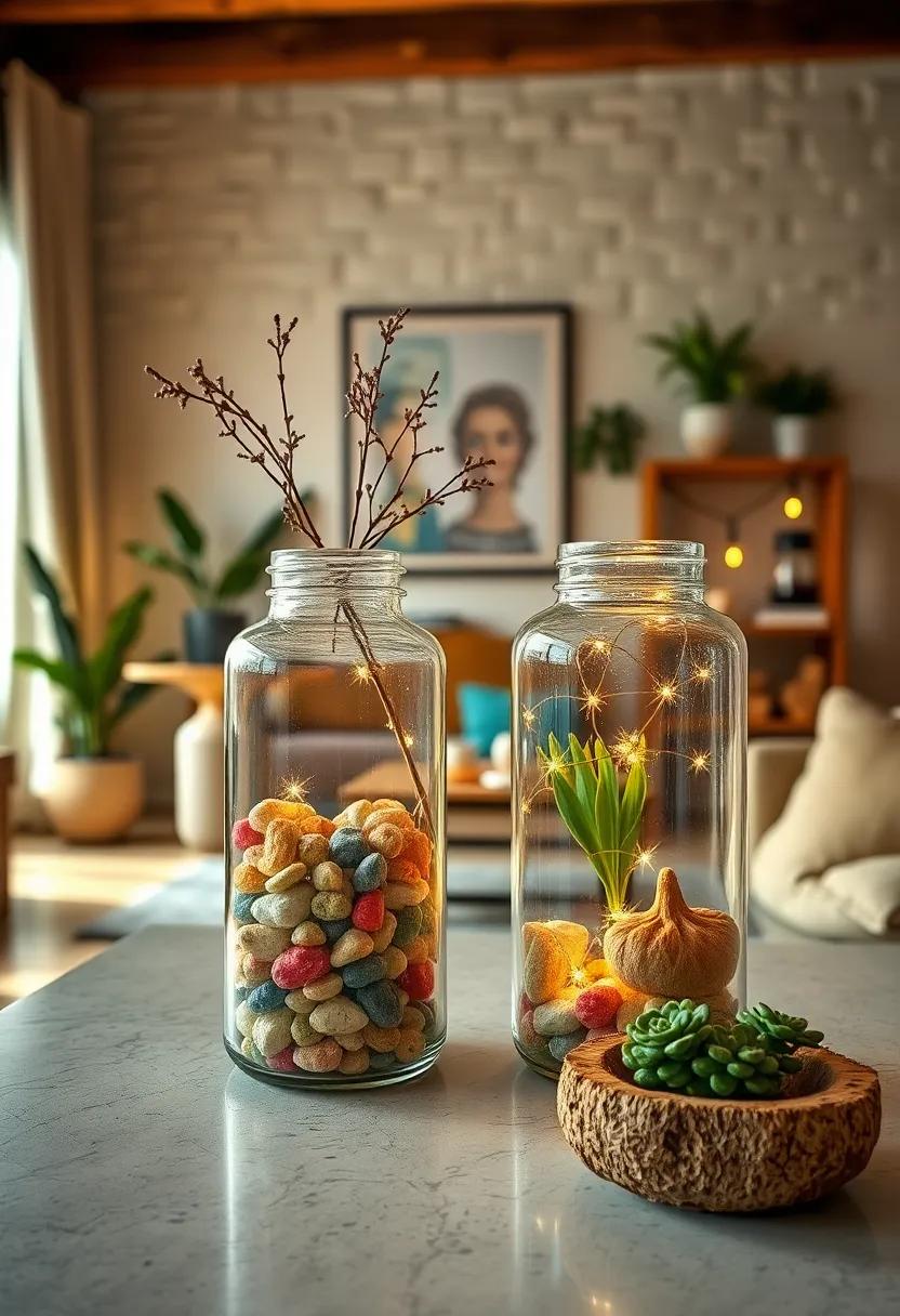 Decorated Glass Jars: repurpose glass containers with artistic touches, filling them with colorful stones or fairy lights for unique accents