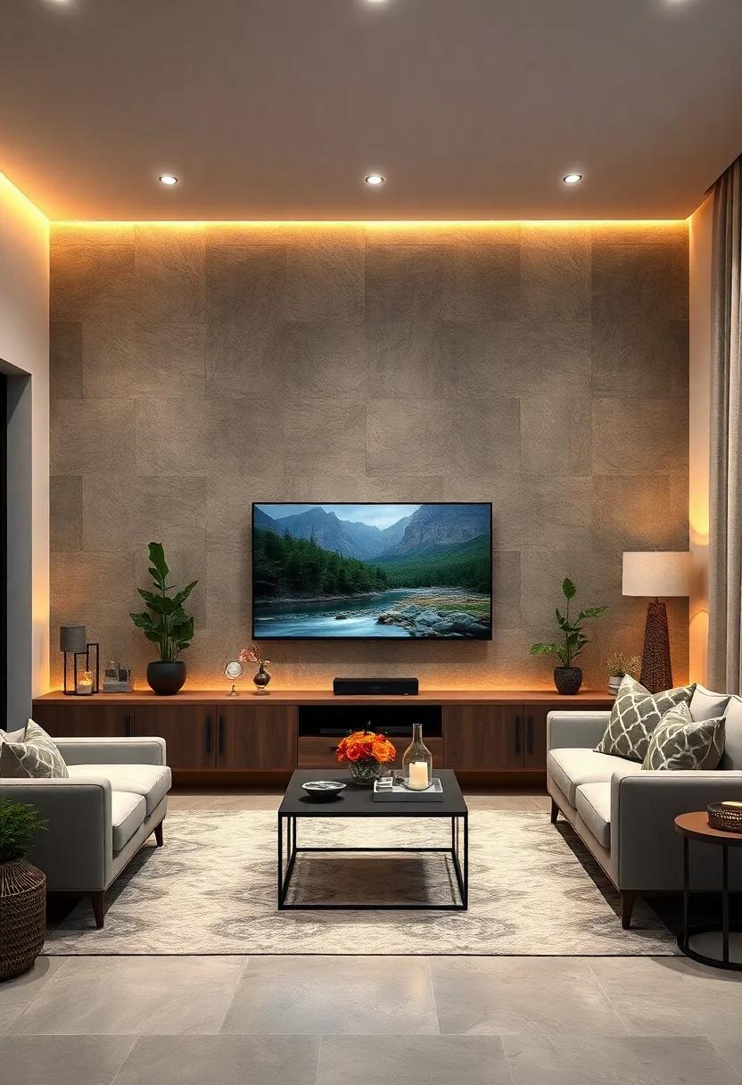 Nature-Inspired Nook: Incorporate natural materials like wood and stone around your TV setup, complemented by warm LED lights that reflect a serene, earthy vibe