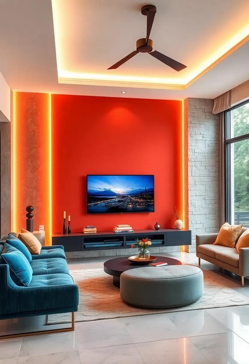 Bold Accent Colors: Paint one wall a bold color and install LED lighting along the perimeter to create striking contrast and visual impact