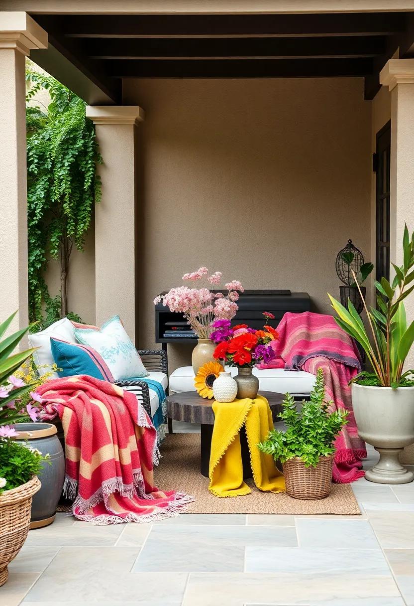 Colorful Cluster: Mix and match bright throws wrapped around vases and planters for a playful and joyful patio display