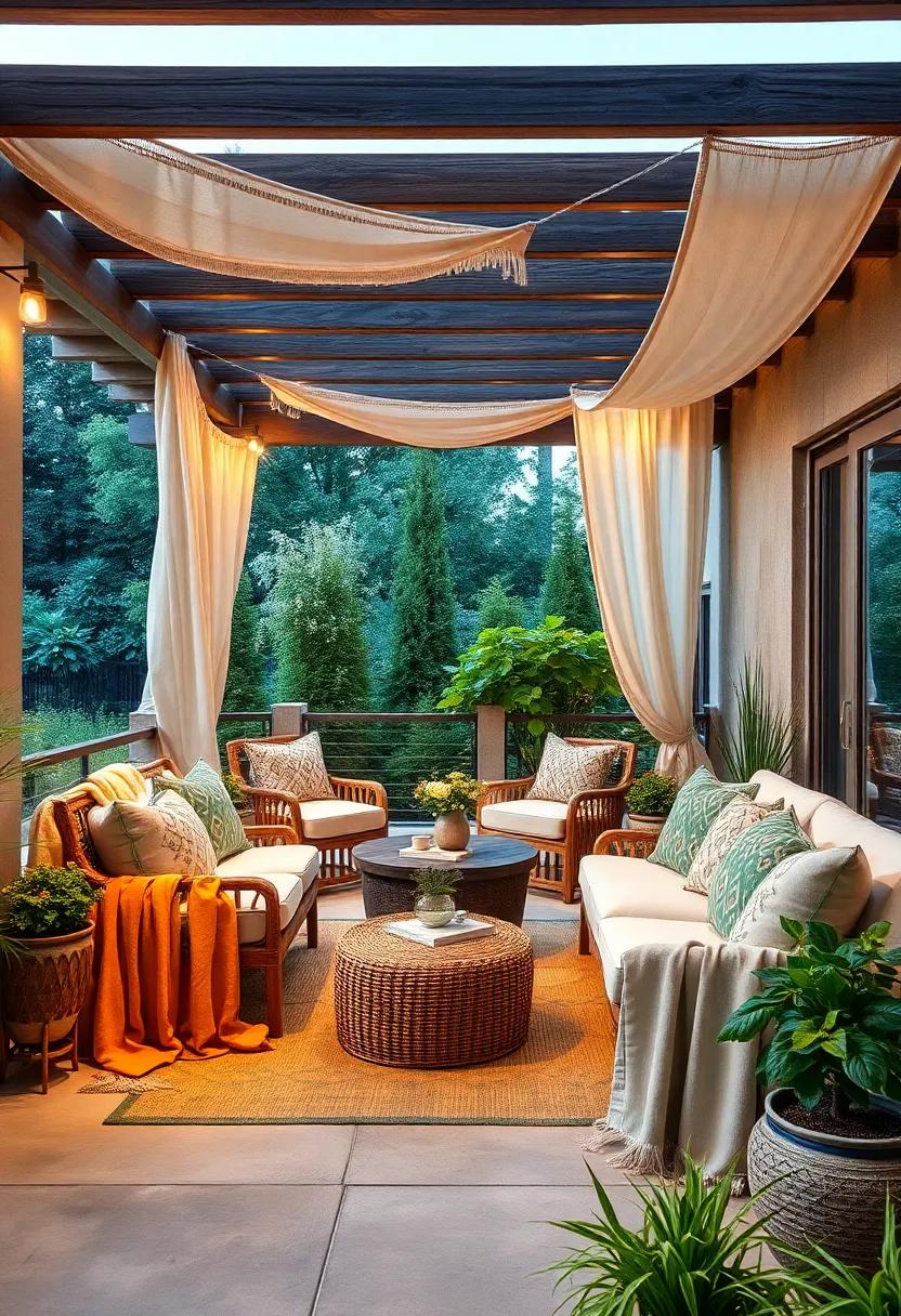 Dramatic Drape: Drape oversized blankets from a pergola or across railings to create an inviting atmosphere that beckons relaxation