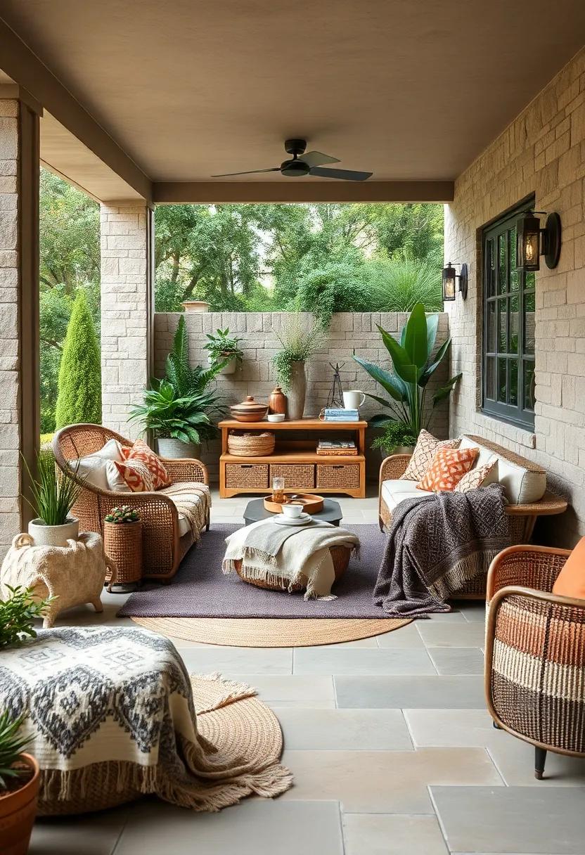 Earthy Textures: Combine natural fibers like jute rugs with knitted cotton blankets for a grounded and cozy outdoor experience