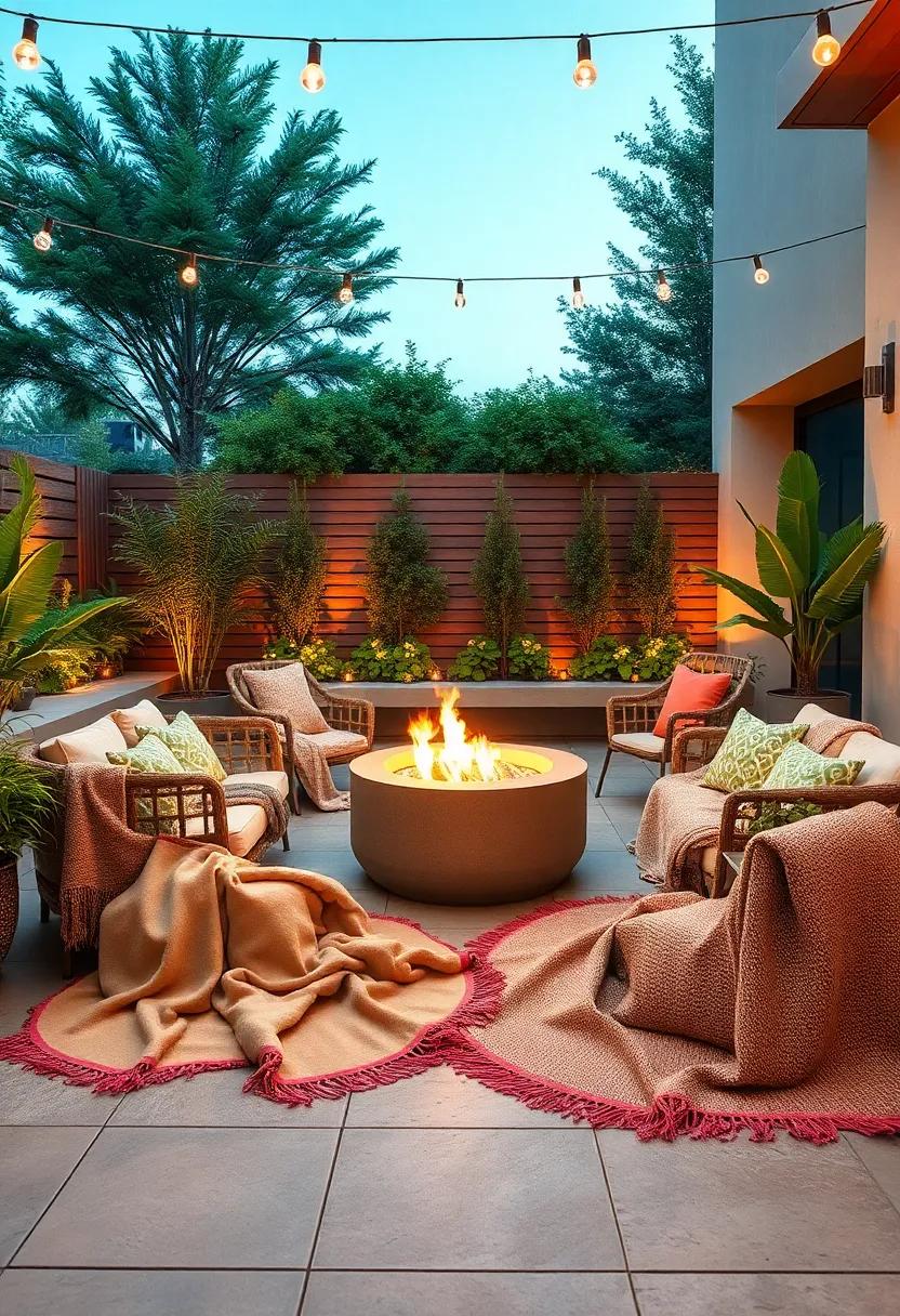 Futuristic Fire Pit: Arrange cozy blankets around a modern fire pit, inviting friends to gather and share stories on cool evenings