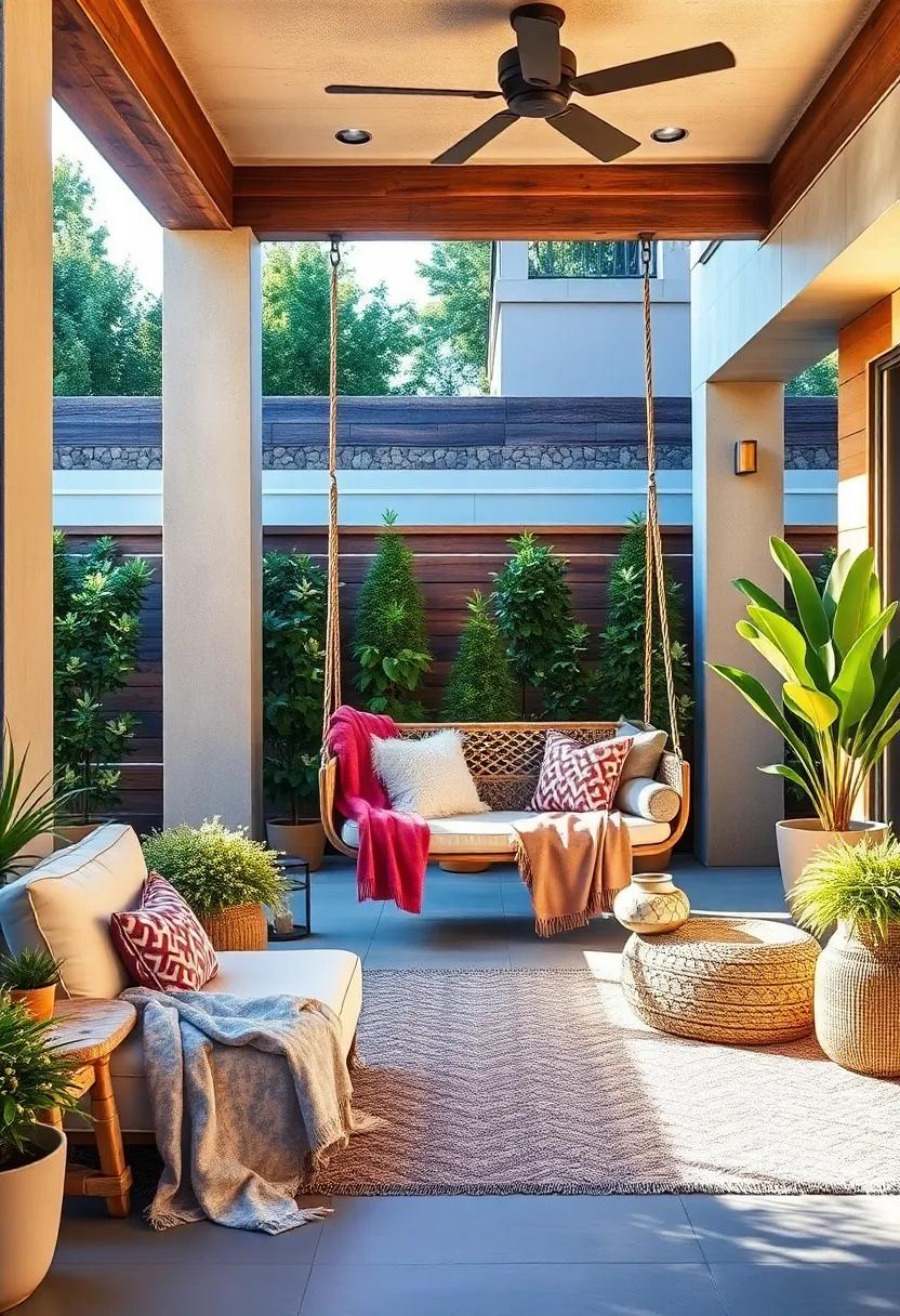Hanging Haven: Install a swing chair hanging from a sturdy beam, complete with fluffy throws for ultimate comfort as you sway