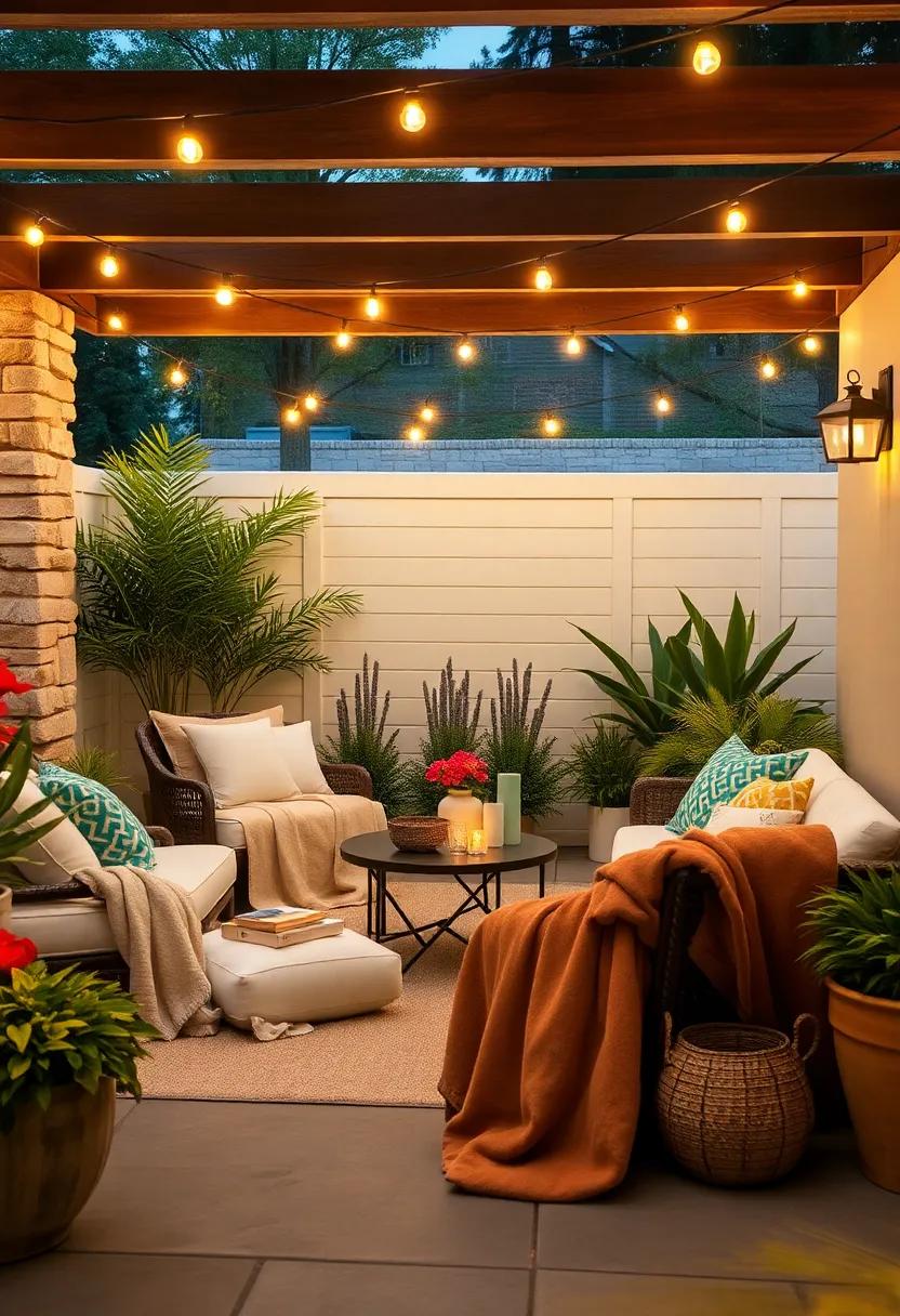 Mood Lighting: Add string lights above your blanket-laden seating area for a warm glow that enhances the cozy vibe at dusk