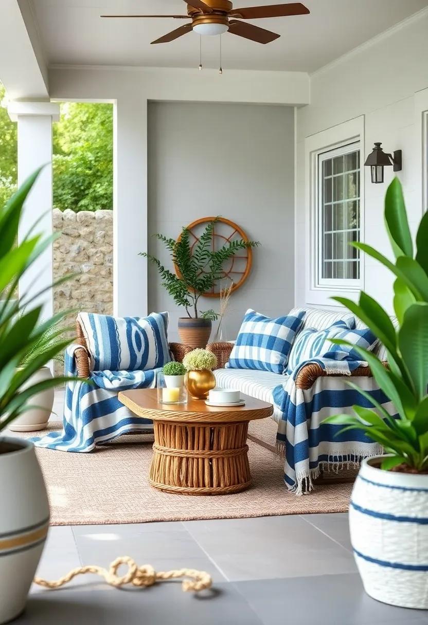 Nautical Nook: Incorporate blue and white striped blankets paired with rope accents to reflect a seaside ambiance in your patio