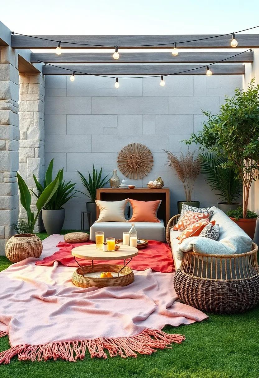 Picnic Perfect: Create a laid-back picnic setup with large, warm blankets layered on the grass, surrounded by cushions and snacks