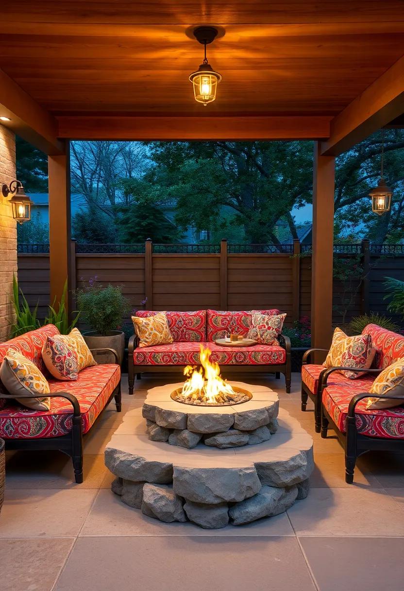 Embrace bohemian vibes with a colorful paisley-patterned ‍patio lounge,surrounded by a rustic stone ‌fire pit that invites warmth and conversation under the stars