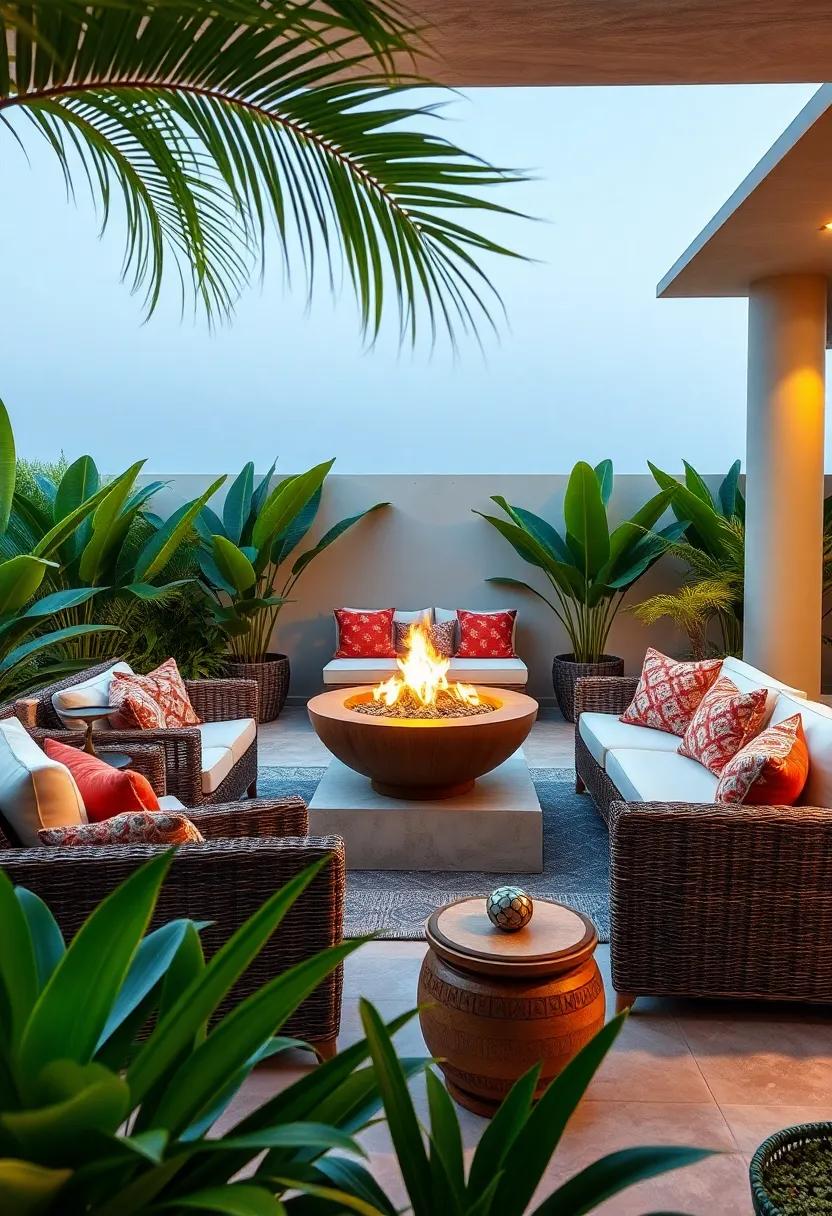 Transform your outdoor space ‍into a tropical paradise⁣ with‌ lush ⁤greenery framing a stylish rattan lounge ⁢set, centered around⁢ a stunning fire bowl that casts a warm glow