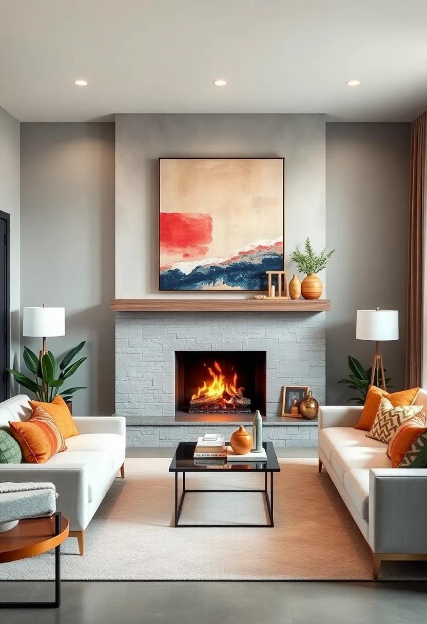 Large Scale Art Above: Hang oversized art ⁢above a floating mantel to create a dramatic focal point in a small living room