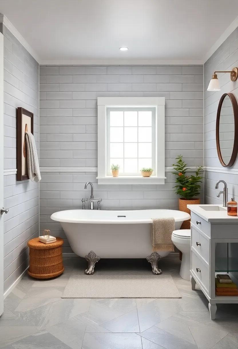 Vintage Charm: Infuse vintage ‍charm with a classic white‍ clawfoot tub ⁣surrounded​ by gray shiplap walls, creating a cozy yet stylish atmosphere