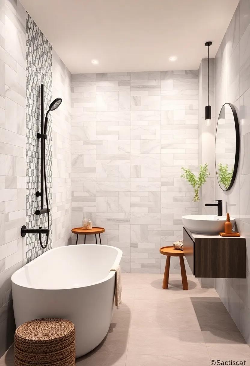 Statement Shower: Turn your shower into a focal point ​with⁣ a two-tone mosaic⁤ of ⁢white and gray tiles, combining​ texture and ‍depth‌ for a stunning visual ⁢impact