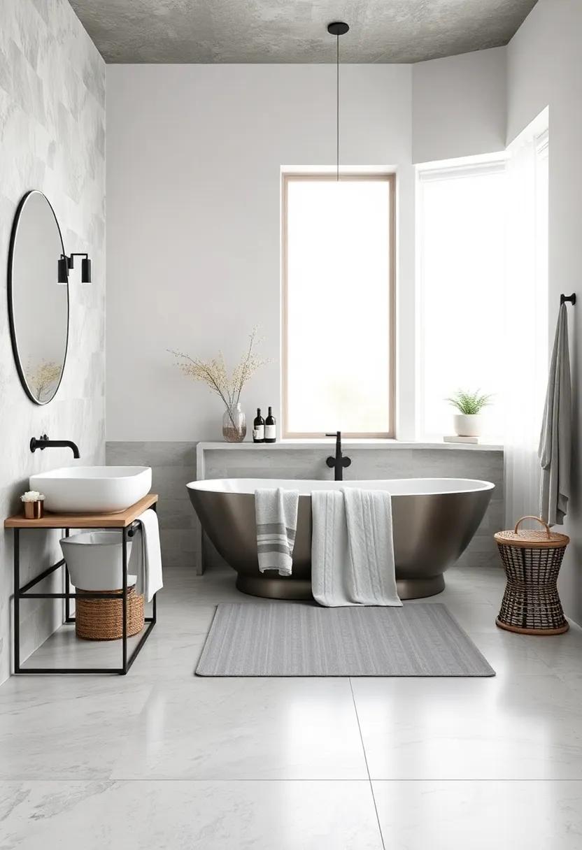 Modern Minimalism: ​Explore a minimalist ⁢approach with ⁤gray tiles⁤ and white⁣ fixtures, creating a serene space​ that emphasizes clean lines ⁢and simplicity